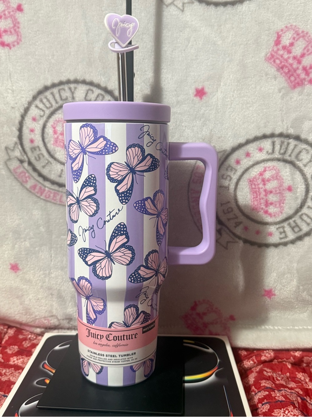 Juicy Couture Lavender and Pink Butterfly Travel Mug